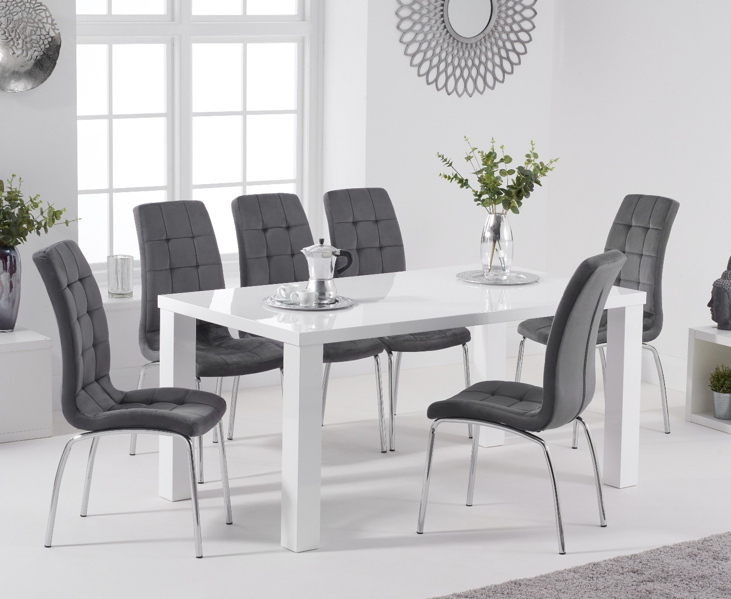 Product photograph of Atlanta 160cm White High Gloss Table With 6 Grey Enzo Velvet Chairs from Oak Furniture Superstore