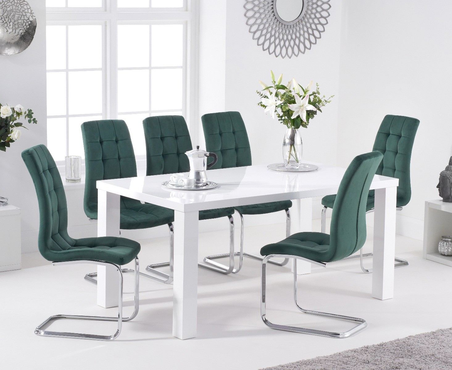 Product photograph of Atlanta 160cm White High Gloss Table With 6 Grey Vigo Velvet Chairs from Oak Furniture Superstore
