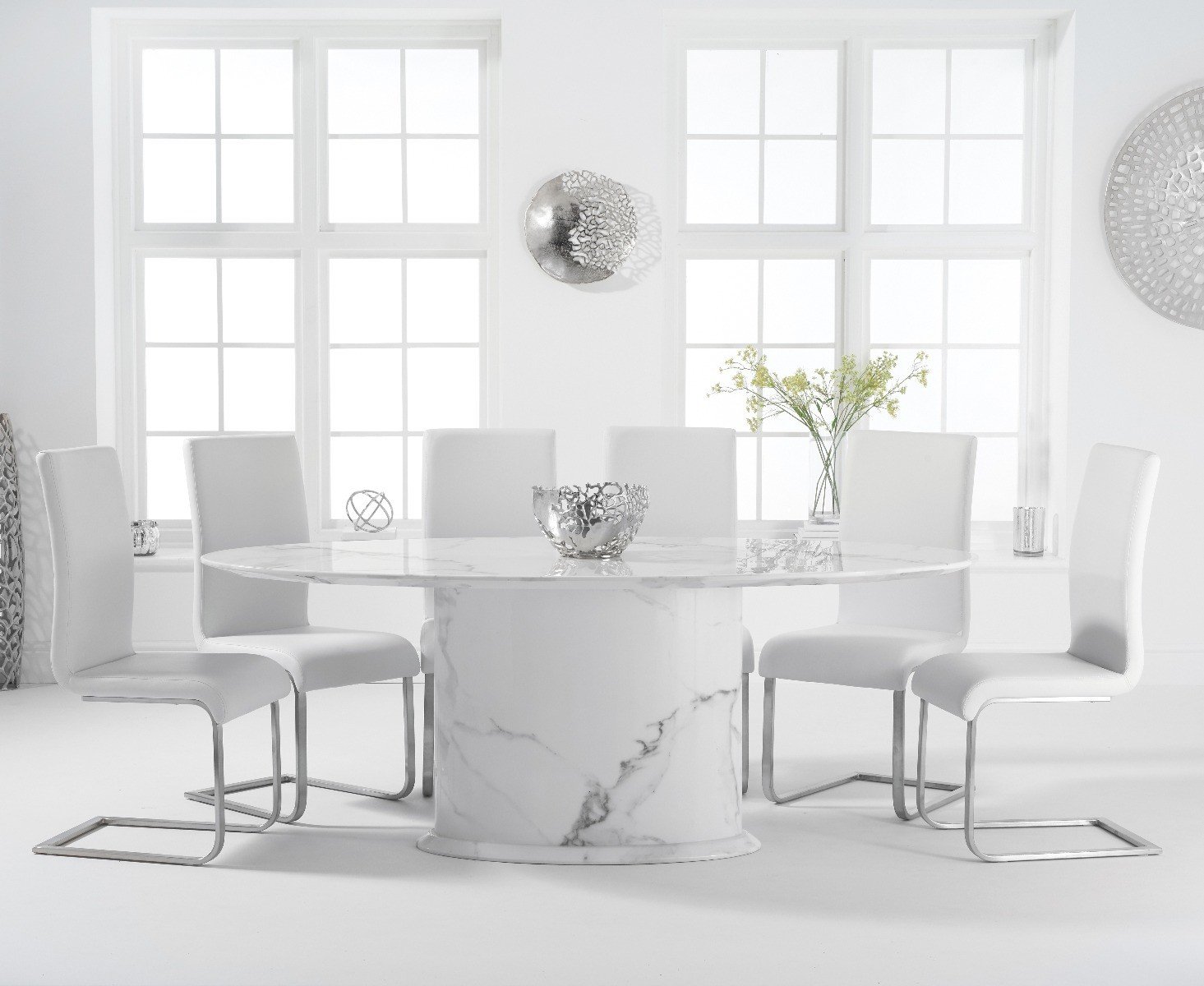 Colby 200cm Oval White Marble Dining Table With 6 Grey Malaga Chairs