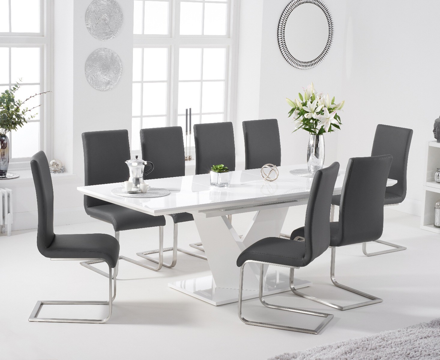 Product photograph of Vittorio 160cm White High Gloss Extending Dining Table With 8 Grey Austin Faux Leather Chairs from Oak Furniture Superstore