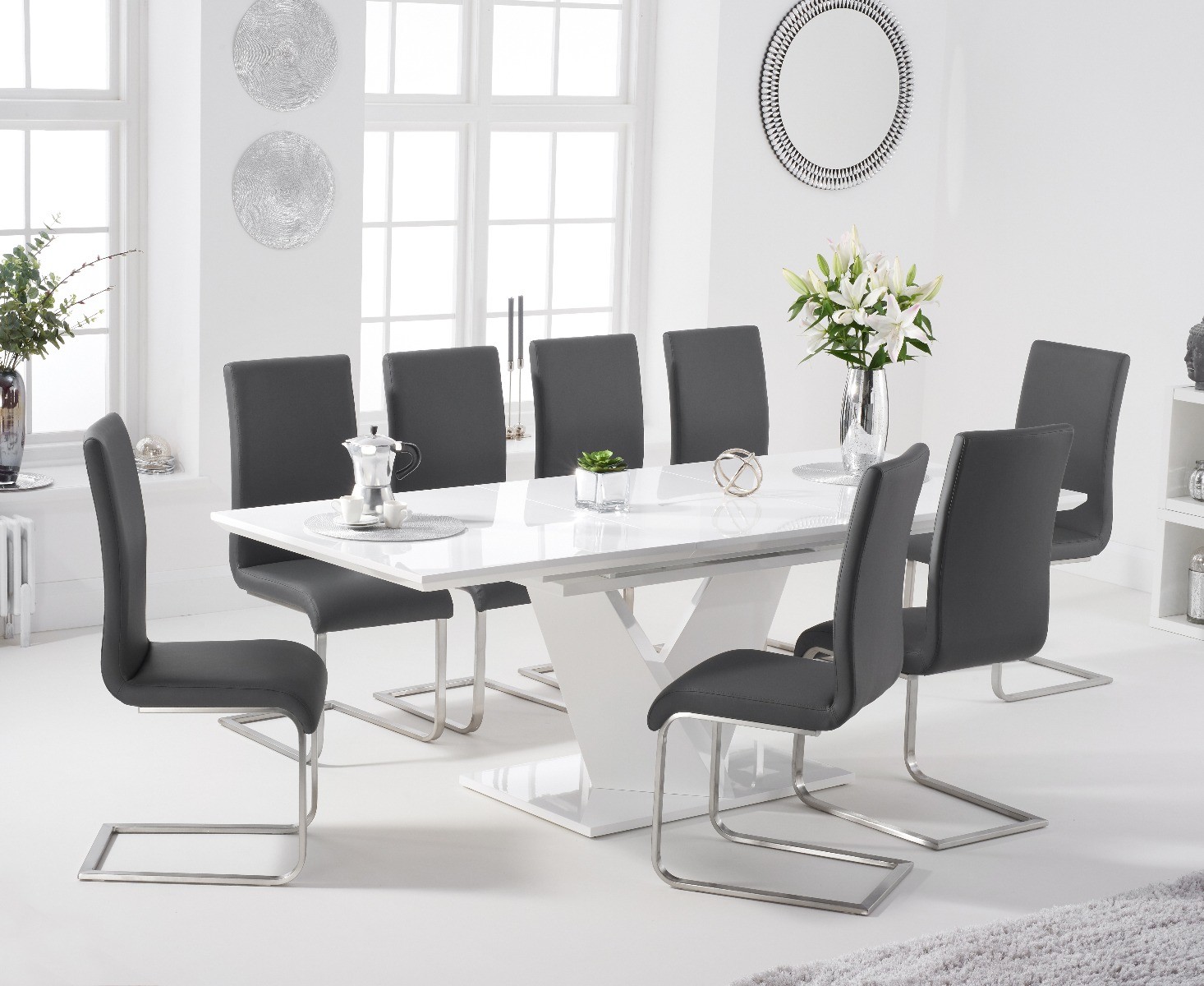 Vittorio 160cm White High Gloss Extending Dining Table With 10 Grey Austin Faux Leather Chairs