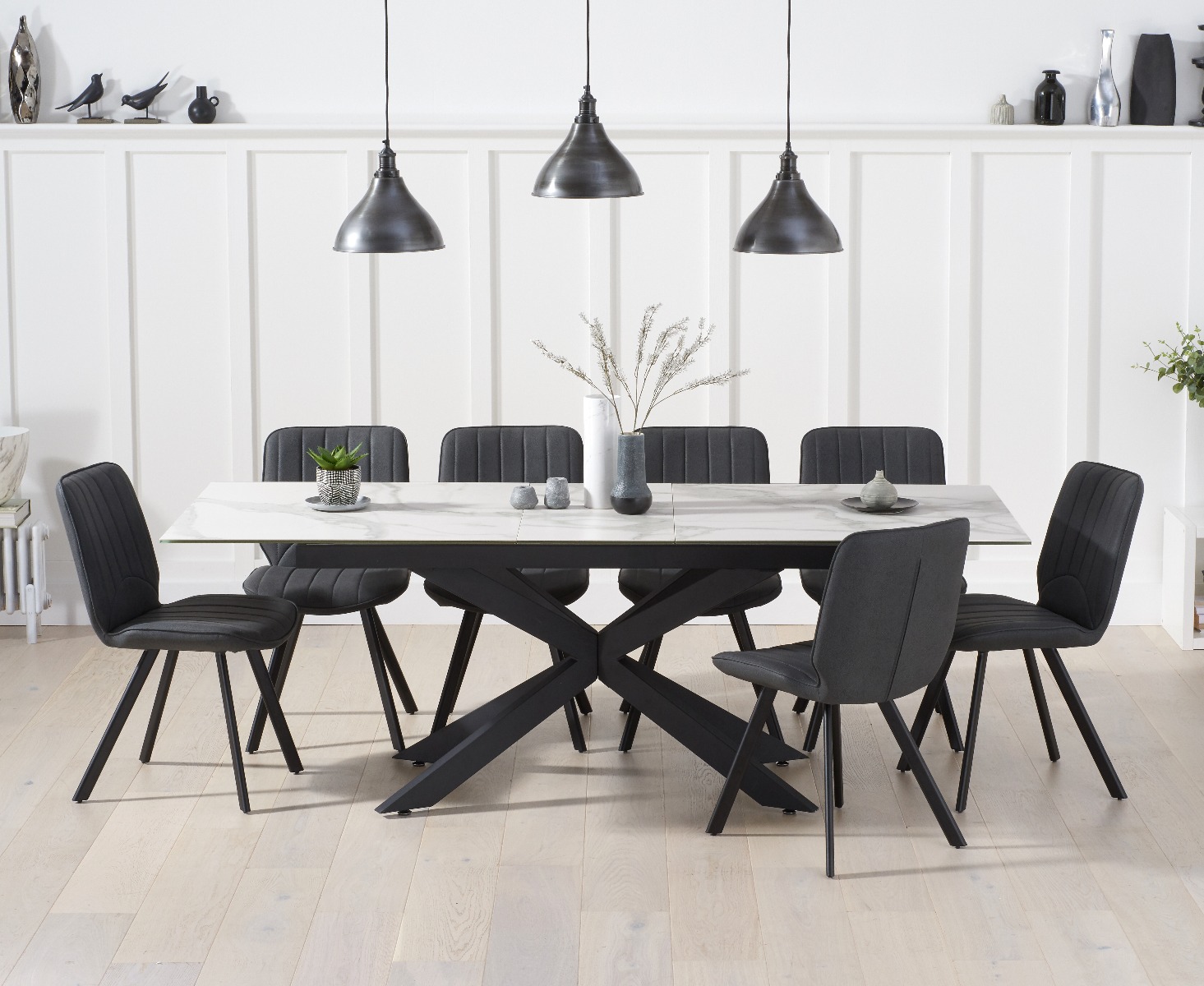 Boston 180cm White Ceramic Extending Dining Table With 6 Brown Hendrick Faux Leather Chairs