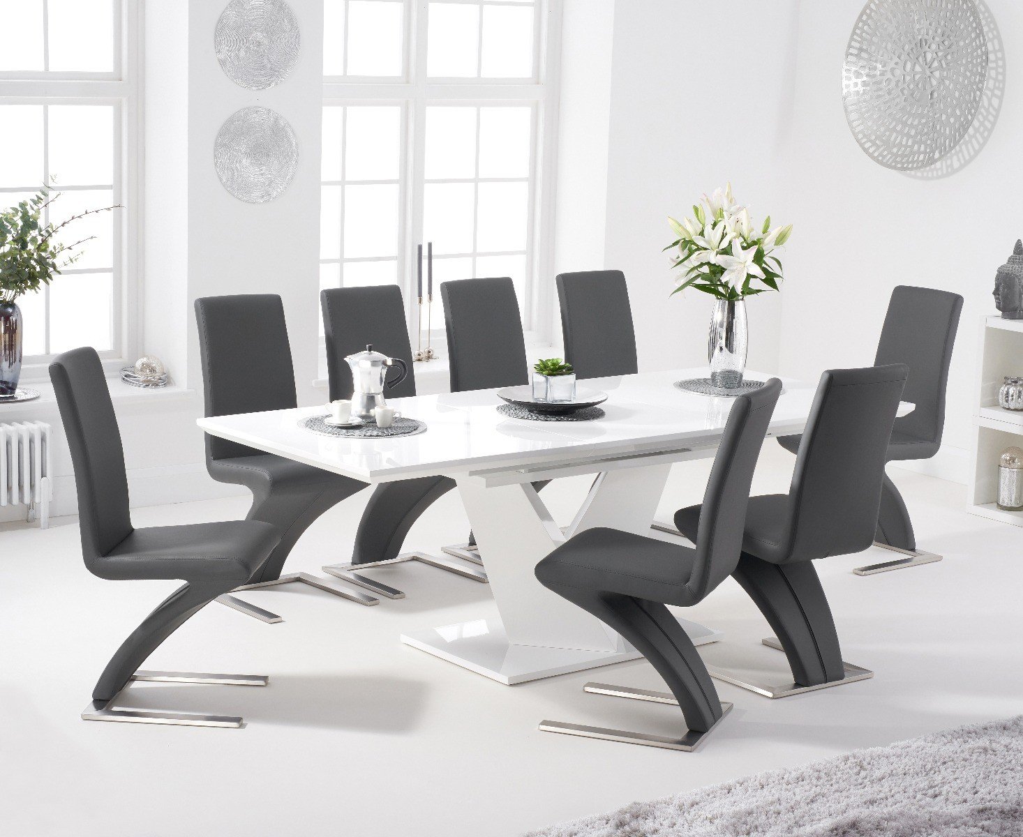 Vittorio 160cm White High Gloss Extending Dining Table With 8 Grey Hampstead Faux Leather Chairs