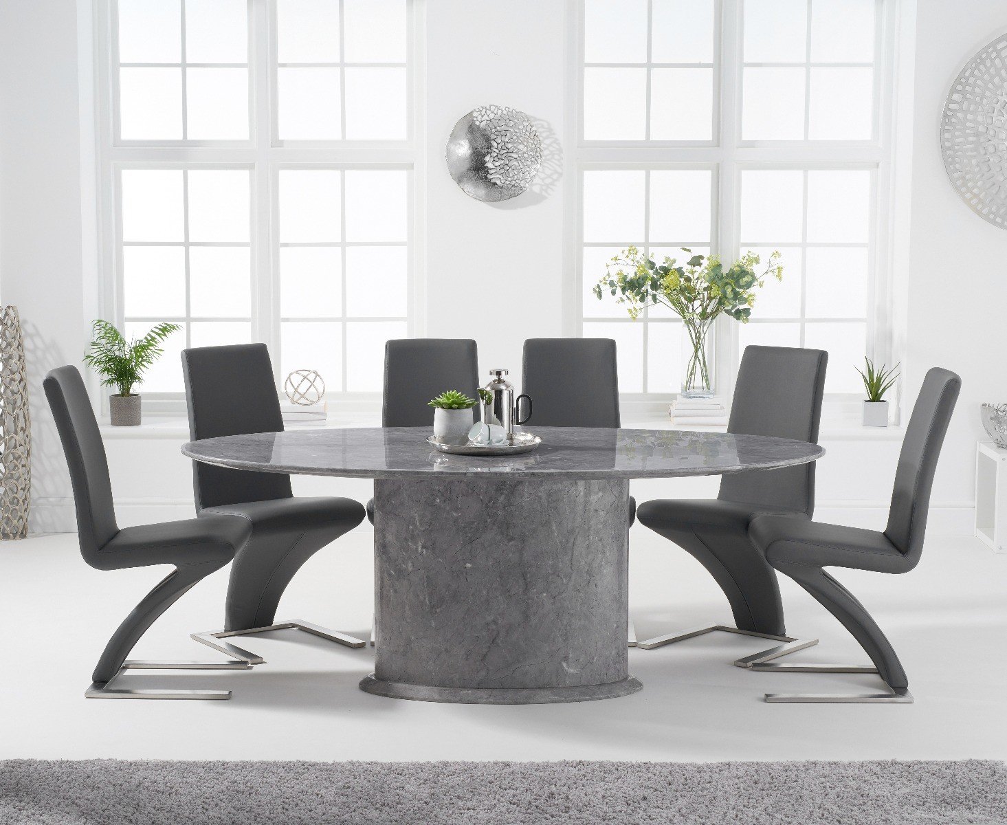 Colby 200cm Oval Grey Marble Dining Table With 6 Grey Hampstead Chairs