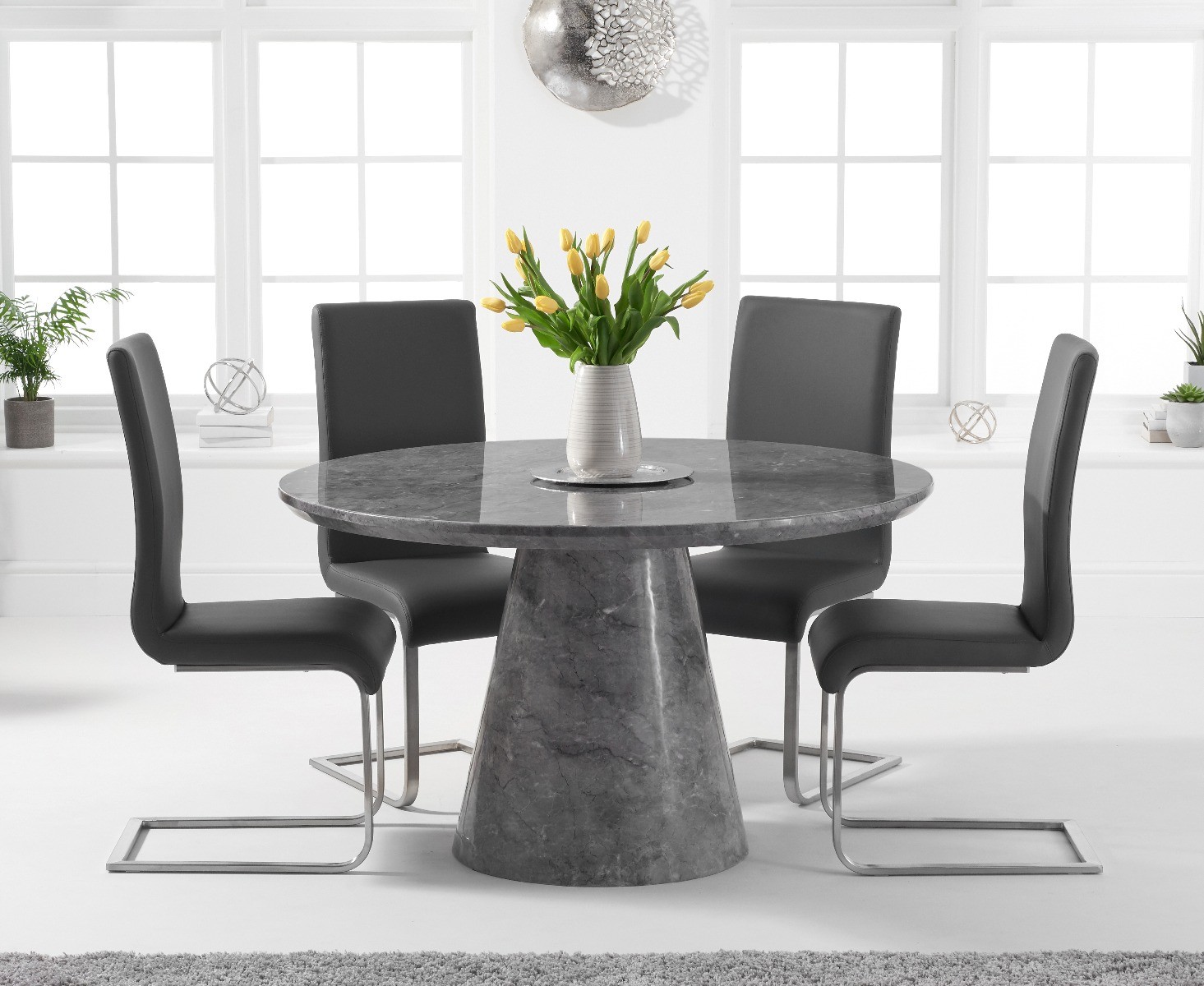 Ravello 130cm Round Grey Marble Dining Table With 6 White Malaga Chairs