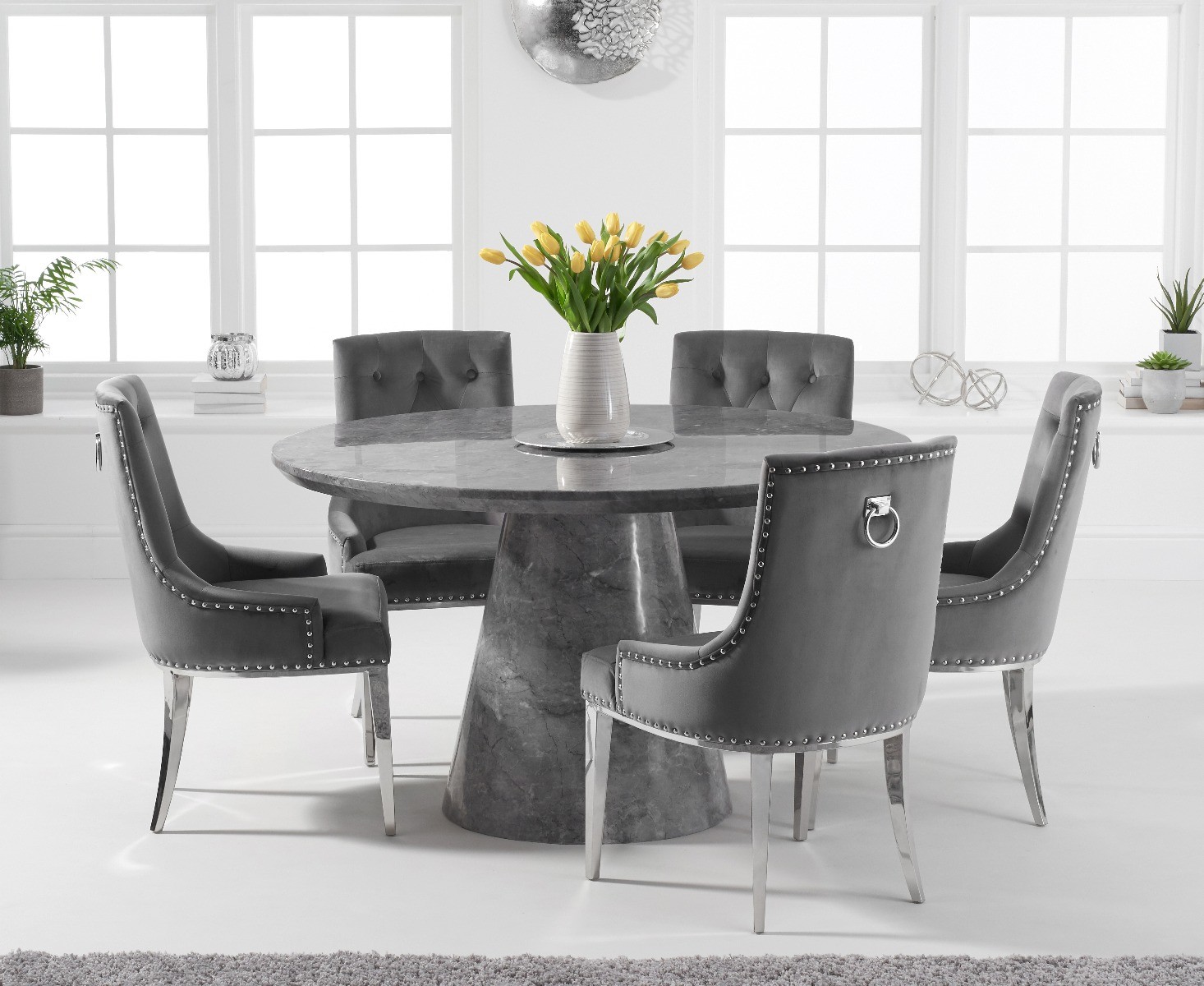 Product photograph of Ravello 130cm Round Grey Marble Dining Table With 6 Grey Sienna Velvet Chairs from Oak Furniture Superstore