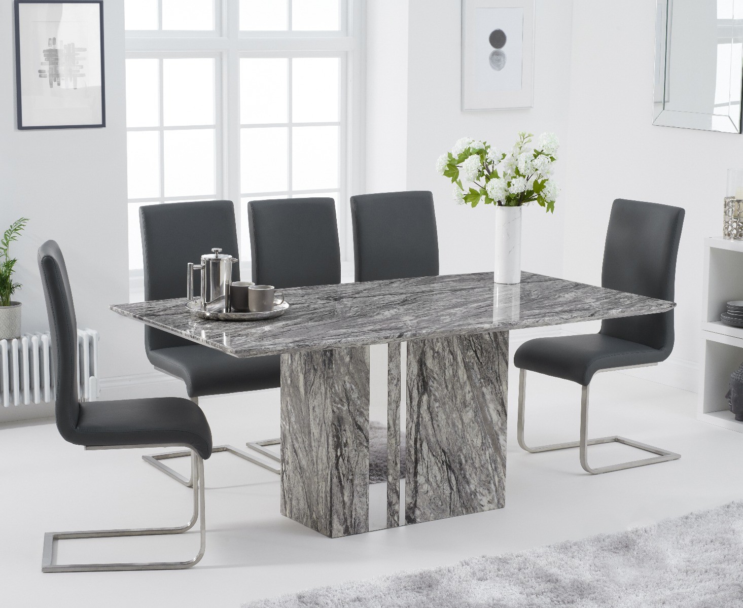 Product photograph of Alicia 180cm Grey Marble Dining Table With 4 Black Austin Chairs from Oak Furniture Superstore