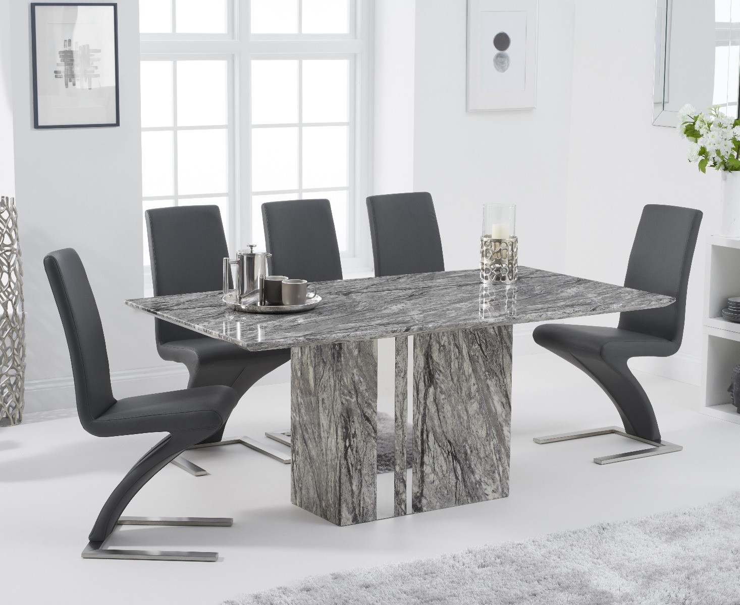 Product photograph of Alicia 180cm Grey Marble Dining Table With 8 Grey Hampstead Z Dining Chairs from Oak Furniture Superstore