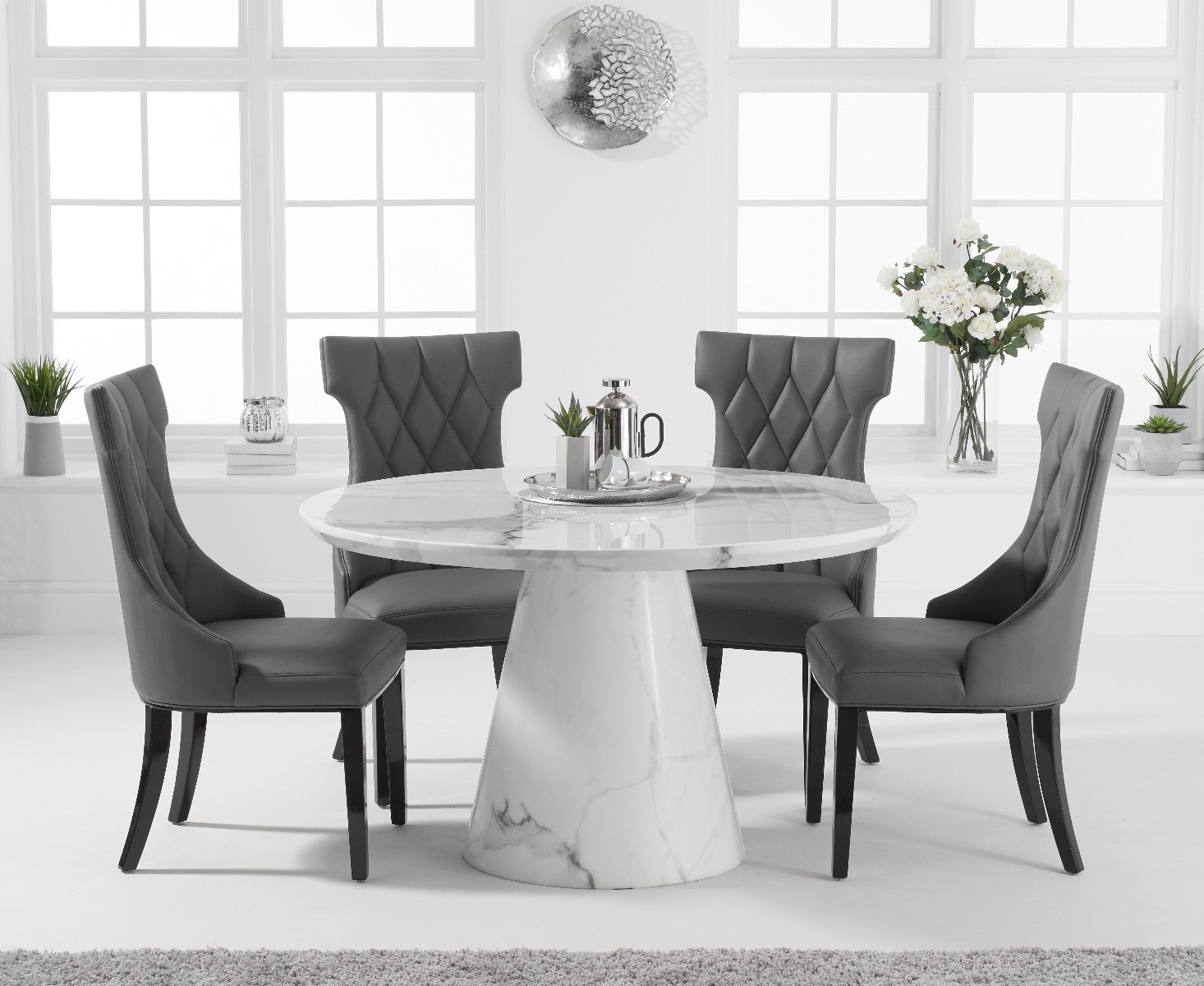 Ravello 130cm Round White Marble Dining Table With 6 Grey Sophia Chairs