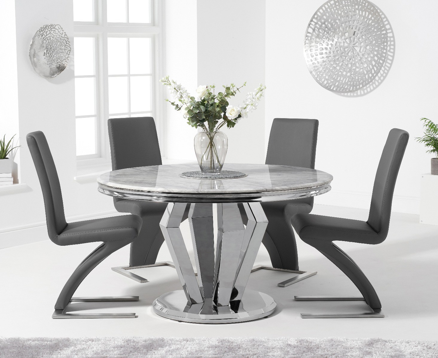 Viscount 130cm Round Marble Dining Table With 6 Black Hampstead Z Chairs
