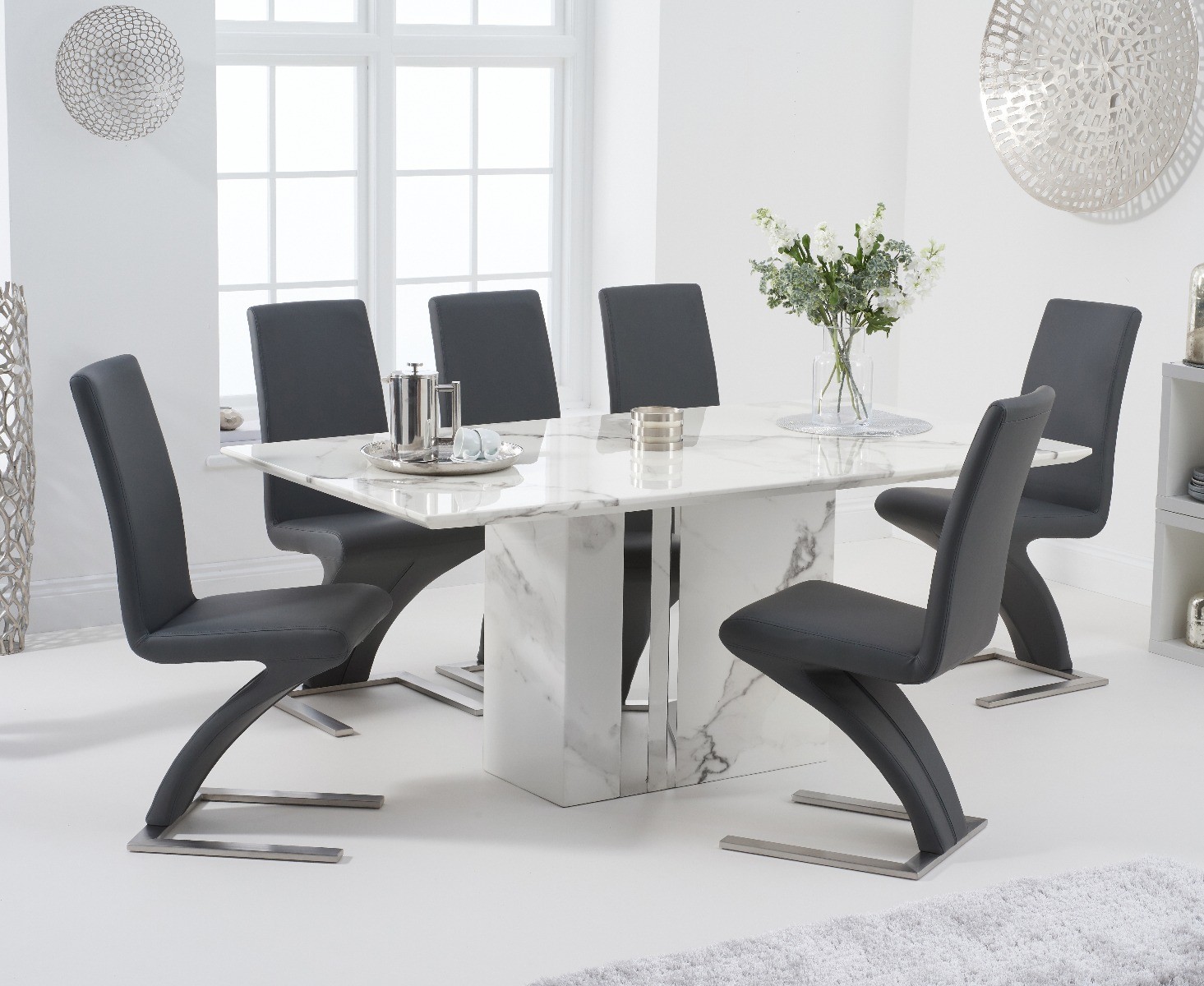 Alicia 180cm White Marble Dining Table With 8 Grey Hampstead Z Dining Chairs