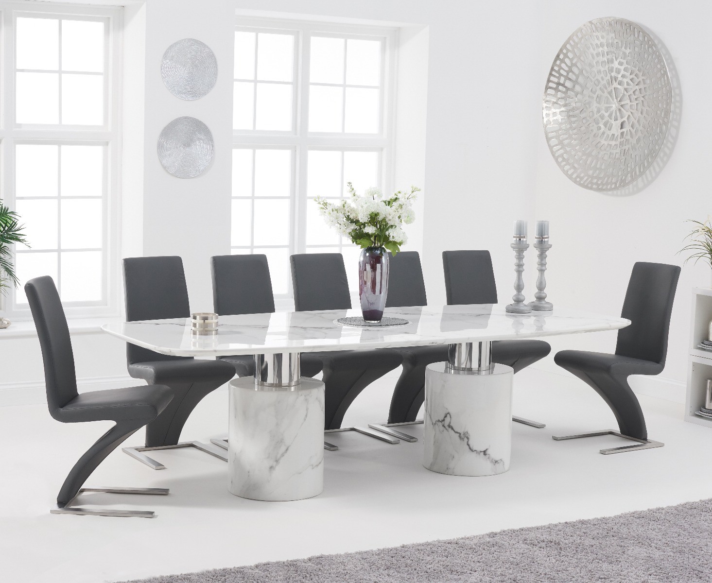 Product photograph of Antonio 260cm White Marble Dining Table With 8 Ivory White Hampstead Z Chairs from Oak Furniture Superstore