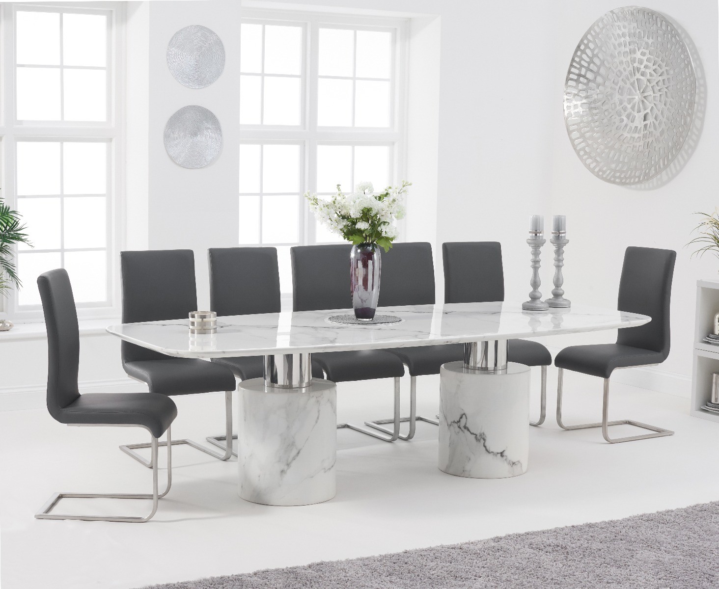 Product photograph of Antonio 260cm White Marble Dining Table With 8 White Malaga Chairs from Oak Furniture Superstore