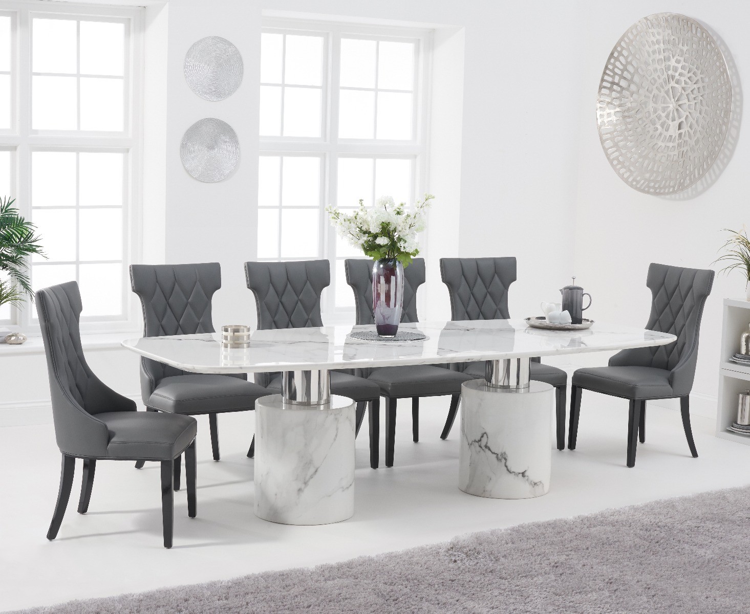 Antonio 260cm White Marble Dining Table With 12 Grey Sophia Chairs