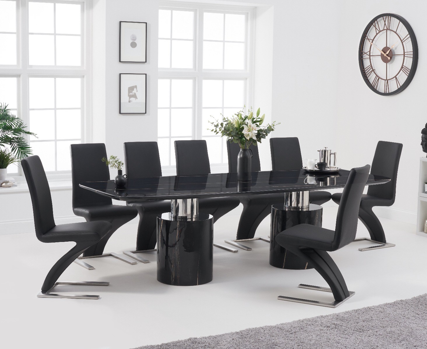Antonio 260cm Black Marble Dining Table With 8 Black Hampstead Z Chairs