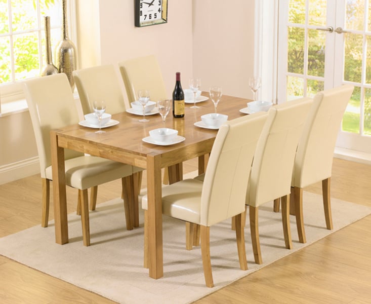 Product photograph of Oxford 150cm Solid Oak Dining Set With 6 Cream Olivia Chairs from Oak Furniture Superstore