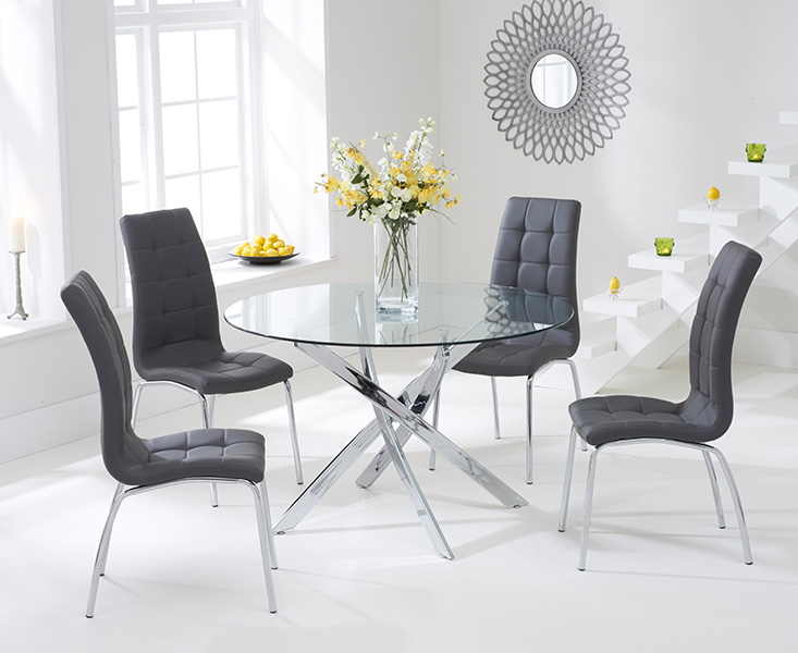 Product photograph of Denver 110cm Glass Dining Table With 4 Black Enzo Chairs from Oak Furniture Superstore