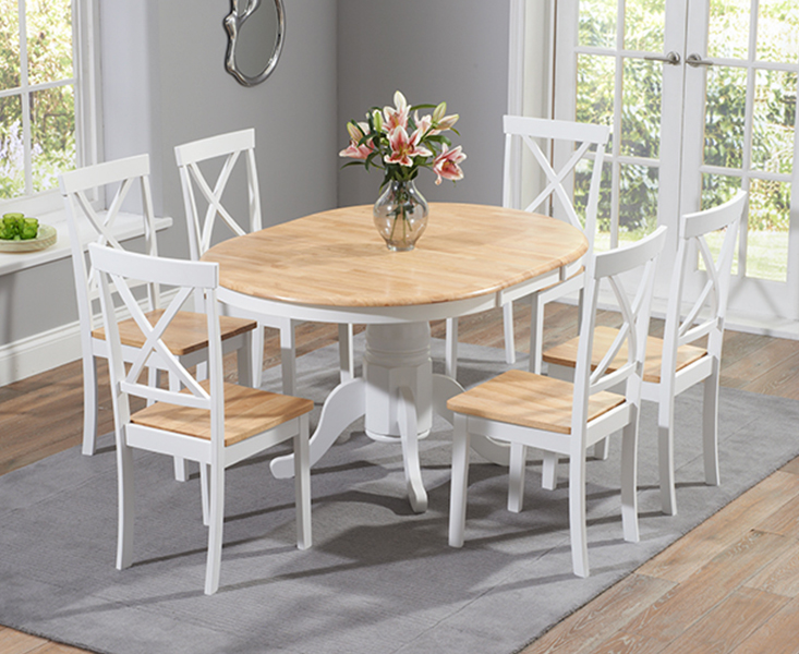 Product photograph of Epsom Oak And White Painted Pedestal Extending Dining Table Set With 6 Oak And White Chairs from Oak Furniture Superstore
