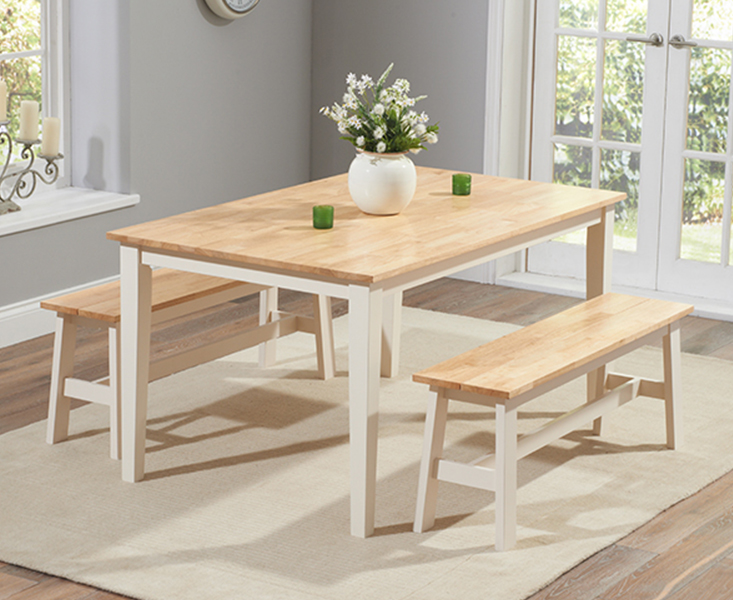 Product photograph of Chiltern 150cm Oak And Cream Painted Dining Set With Benches from Oak Furniture Superstore