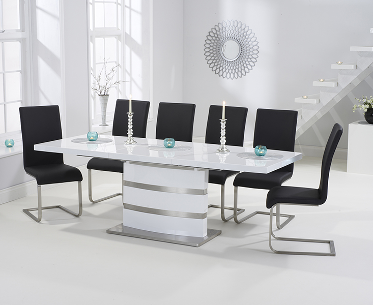 Vicenza 160cm White High Gloss Extending Dining Table With 6 Black Austin Chairs