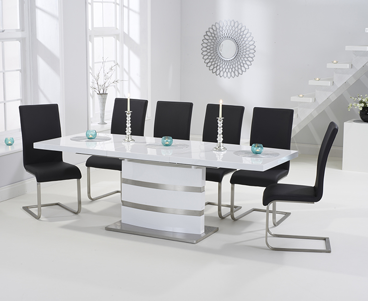 Vicenza 160cm White High Gloss Extending Dining Table With 10 Black Austin Chairs