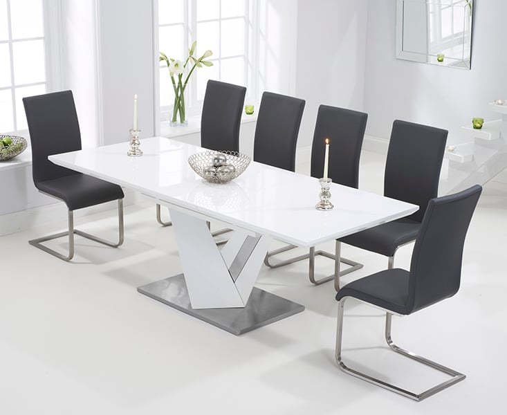 Product photograph of Santino 160cm White High Gloss Extending Dining Table With 8 Grey Austin Chairs from Oak Furniture Superstore