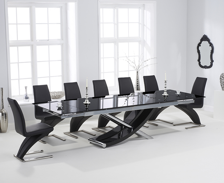 Hilton 210cm Extending Black Glass Dining Table With 10 Ivory White Hampstead Z Chairs