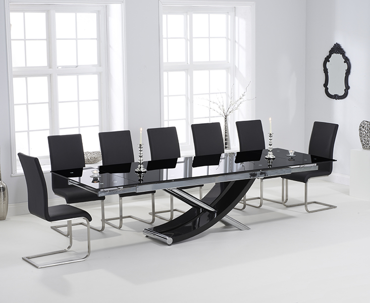 Hilton 210cm Extending Black Glass Dining Table With 6 Black Malaga Chairs