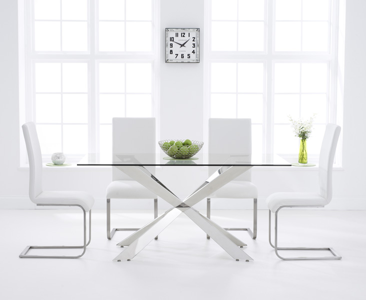 Juniper 160cm Glass Dining Table With 4 White Malaga Chairs