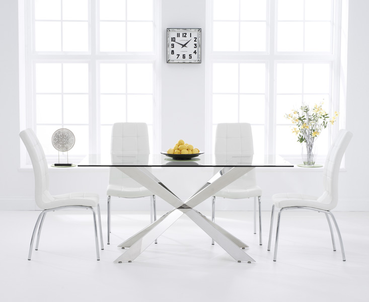 Product photograph of Juniper 160cm Glass Dining Table With 8 Black Enzo Chairs from Oak Furniture Superstore