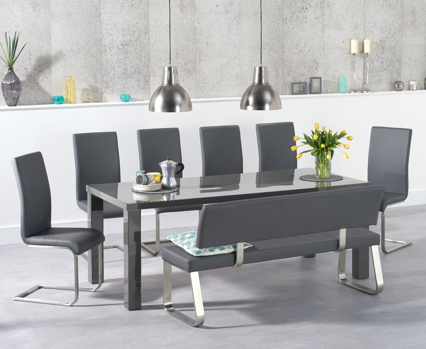 Atlanta 200cm Dark Grey High Gloss Dining Table With Austin Chairs And Austin Large Grey Bench With Back