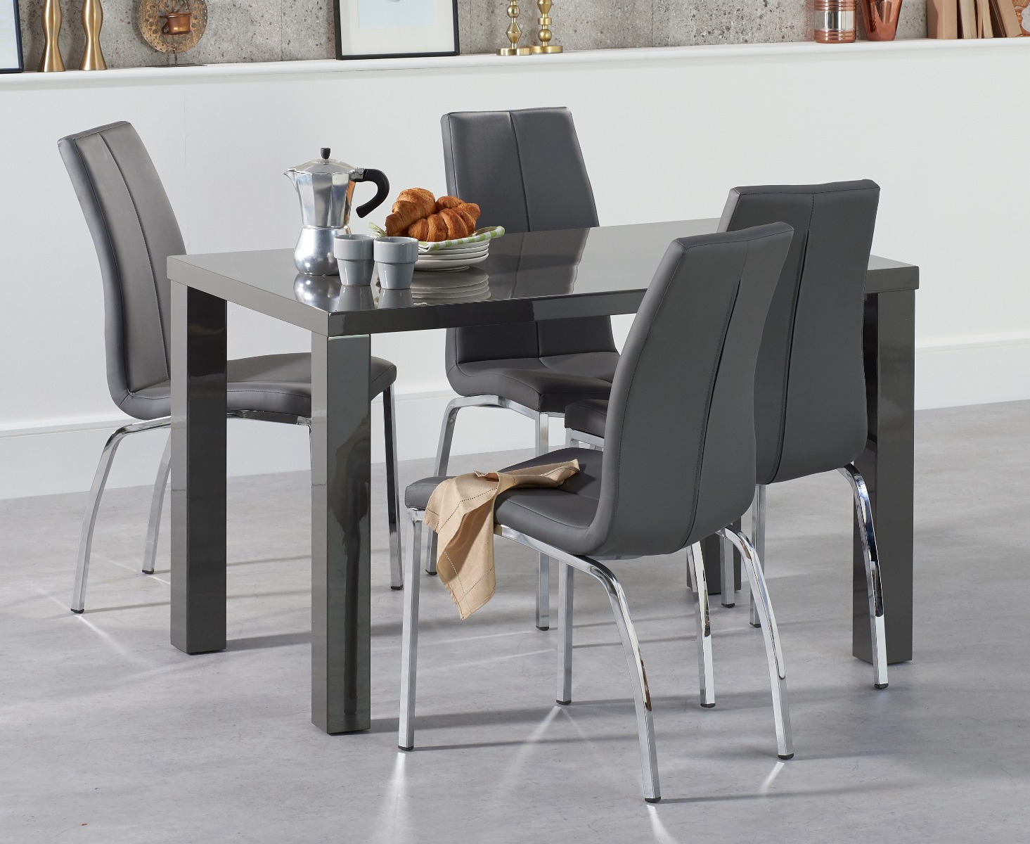 Atlanta 120cm Dark Grey High Gloss Dining Table With 6 Black Cavello Chairs