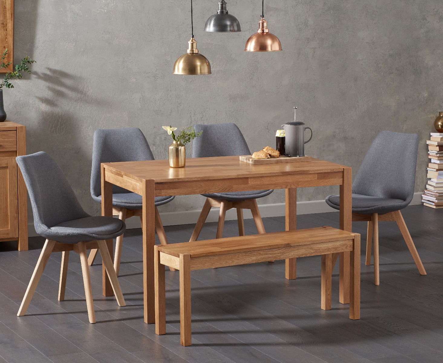 Oxford 150cm Solid Oak Dining Table With Orson Fabric Chairs And Oxford Bench