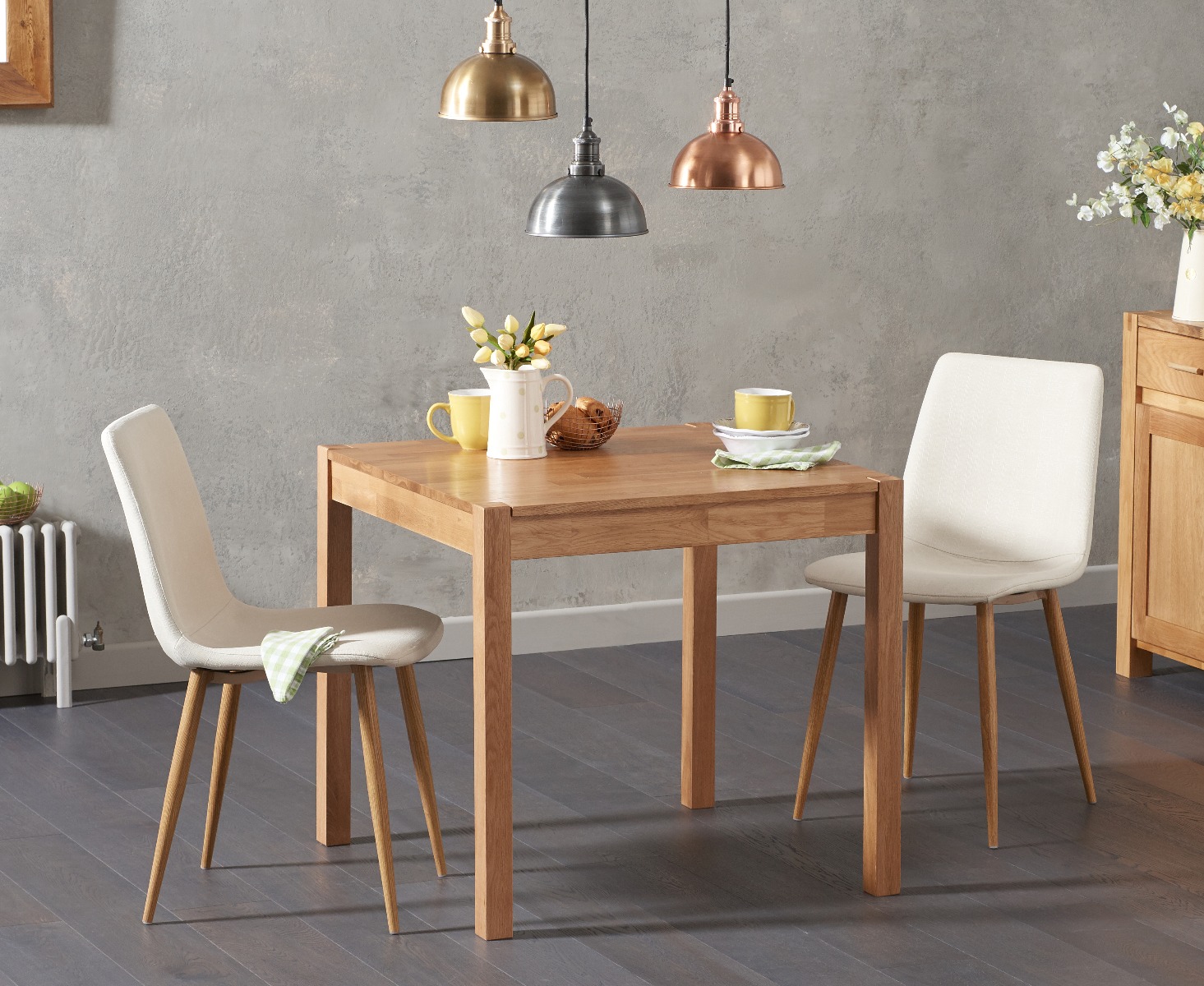 Oxford 80cm Solid Oak Dining Table With 2 Grey Astrid Fabric Chairs