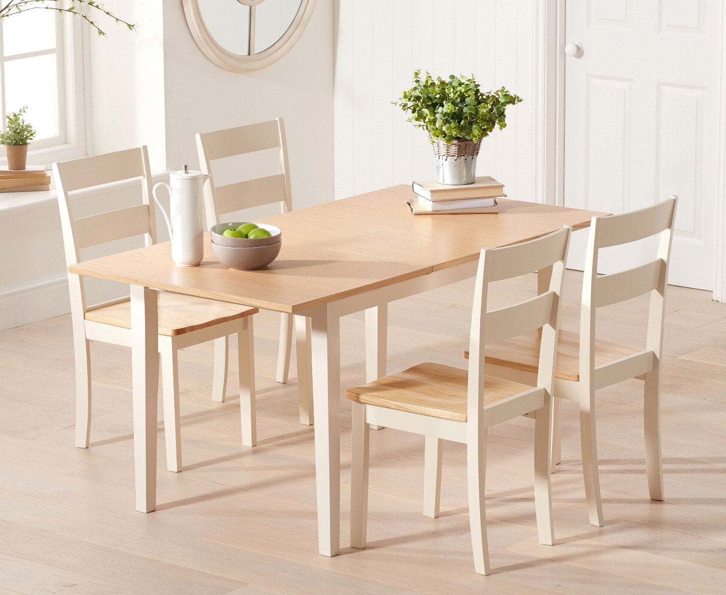 Chiltern 120cm Extending Cream Painted And Oak Table With 6 Cream Chiltern Chairs