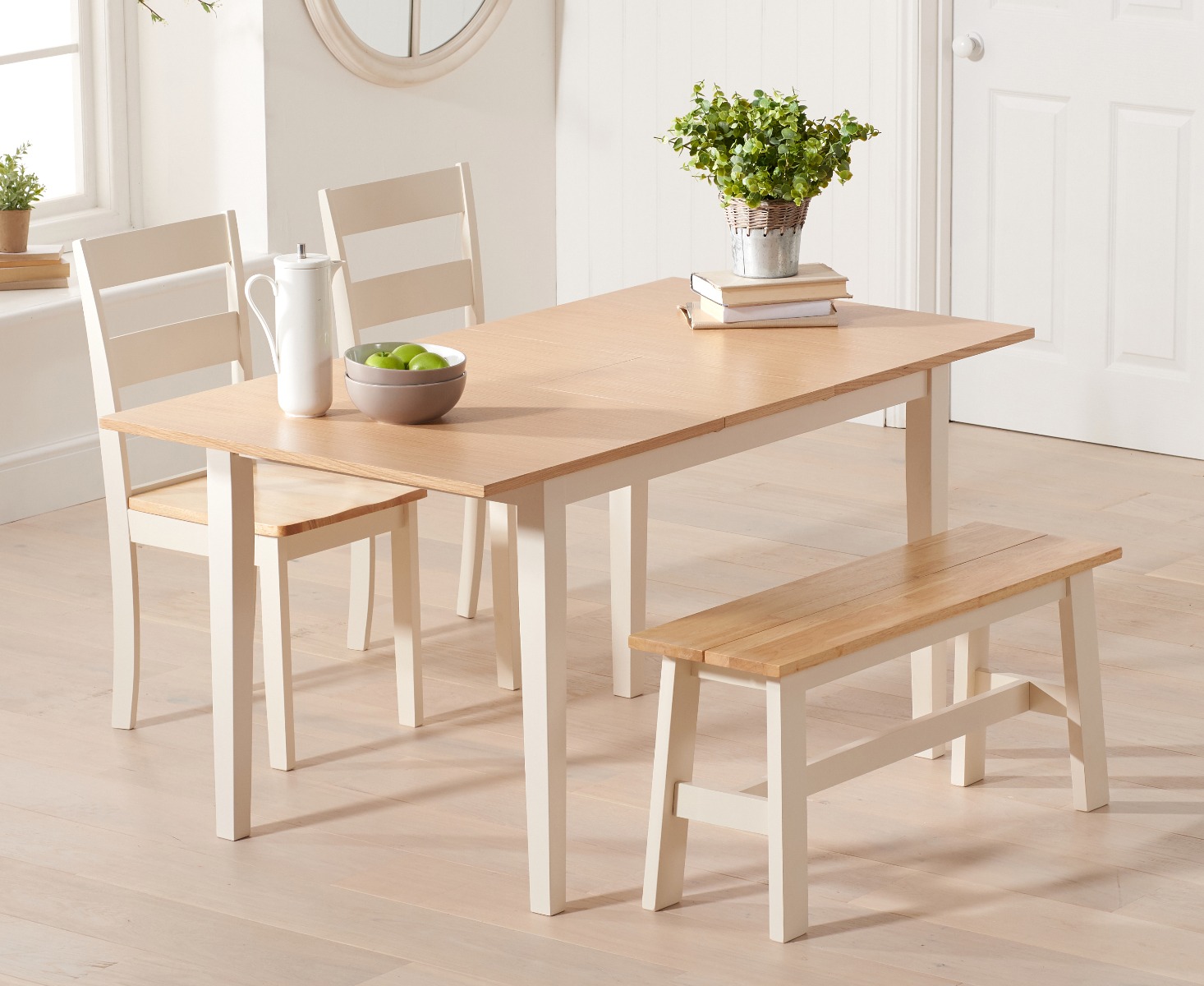 Chiltern 120cm Extending Cream And Oak Painted Table With Chiltern Chairs And Bench
