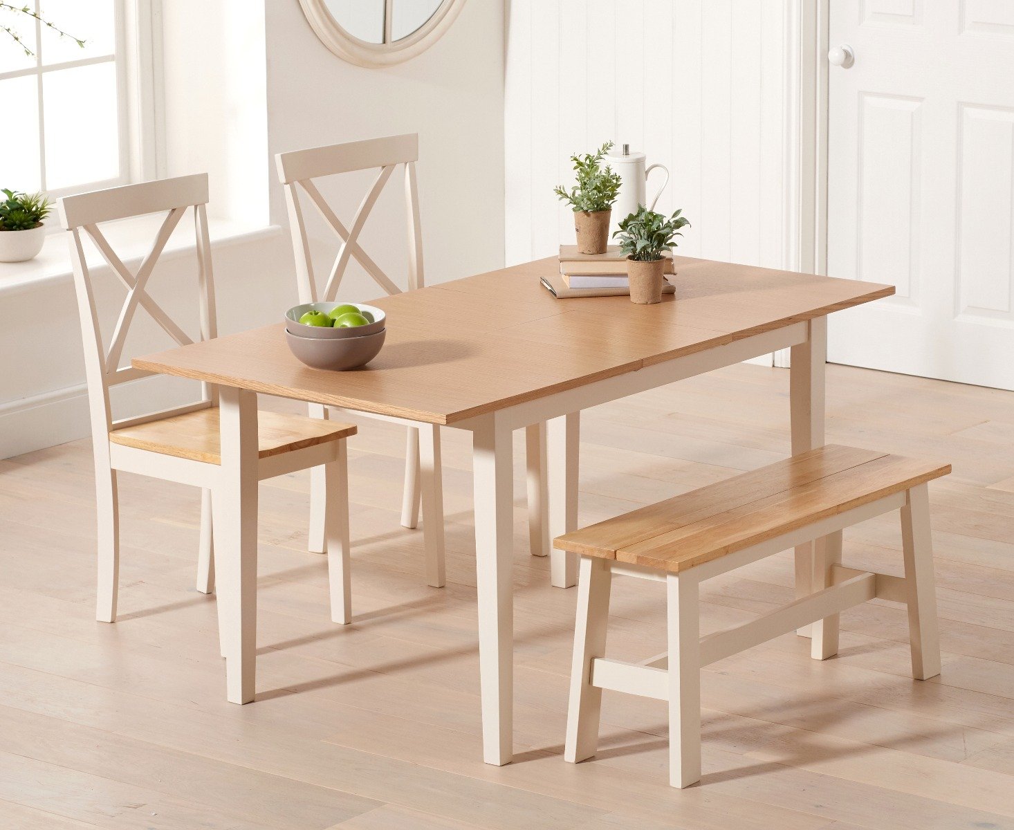 Chiltern 120cm Extending Cream And Oak Table Painted With Epsom Chairs And Bench