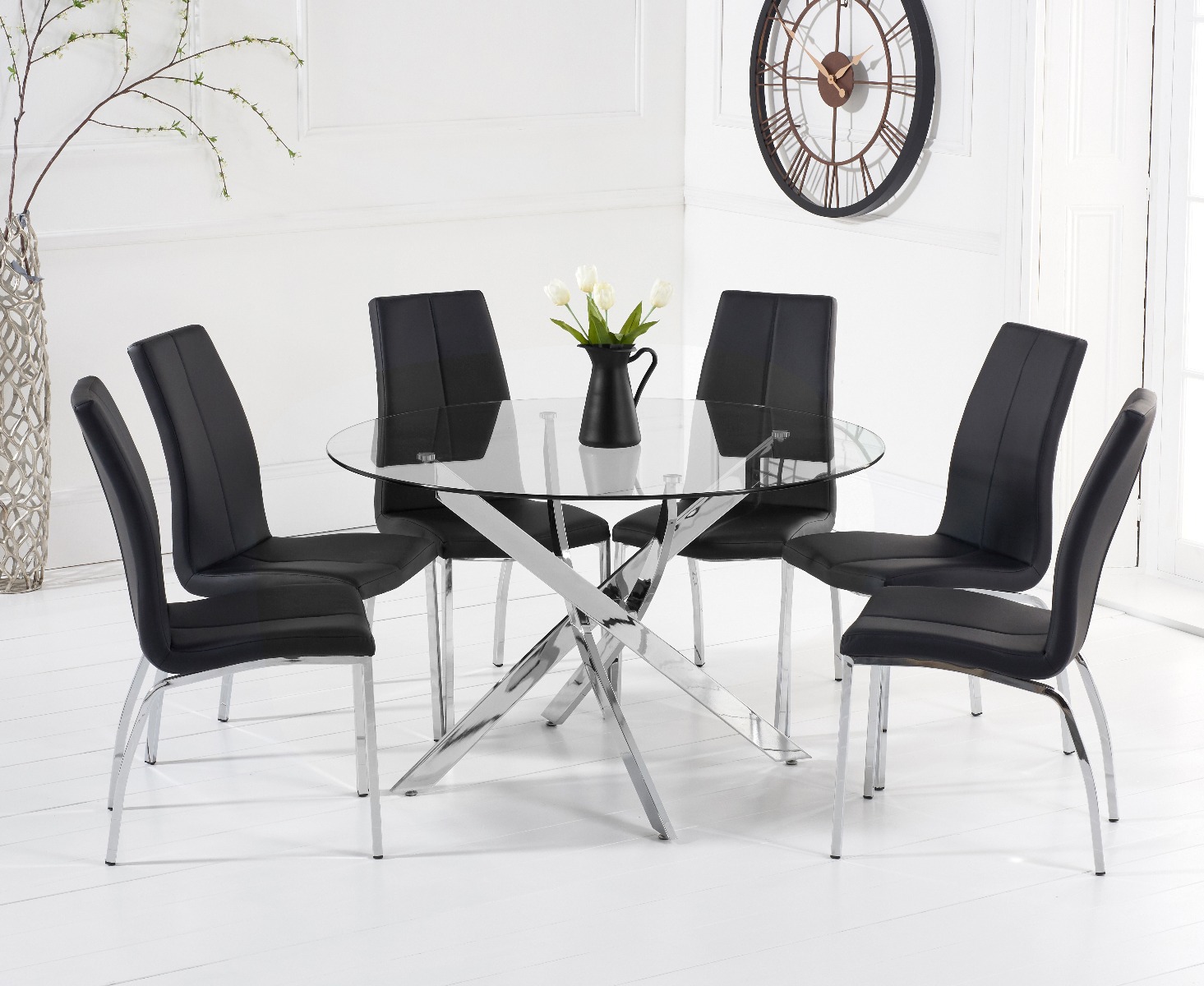 Denver 120cm Glass Dining Table With 4 Black Cavello Chairs