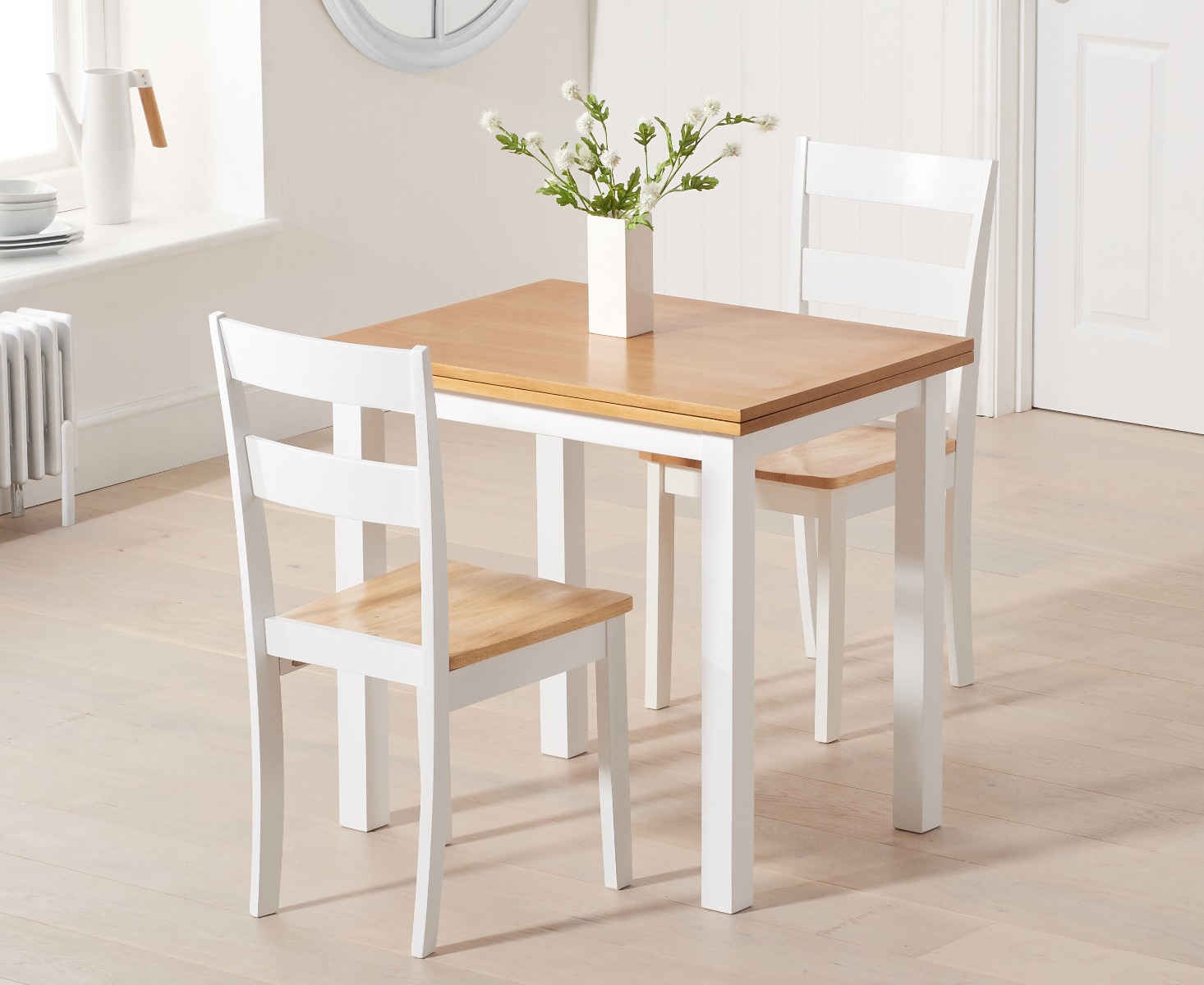 Product photograph of Hastings Extending White And Oak Painted Table With 2 Oak And White Chiltern Chairs from Oak Furniture Superstore