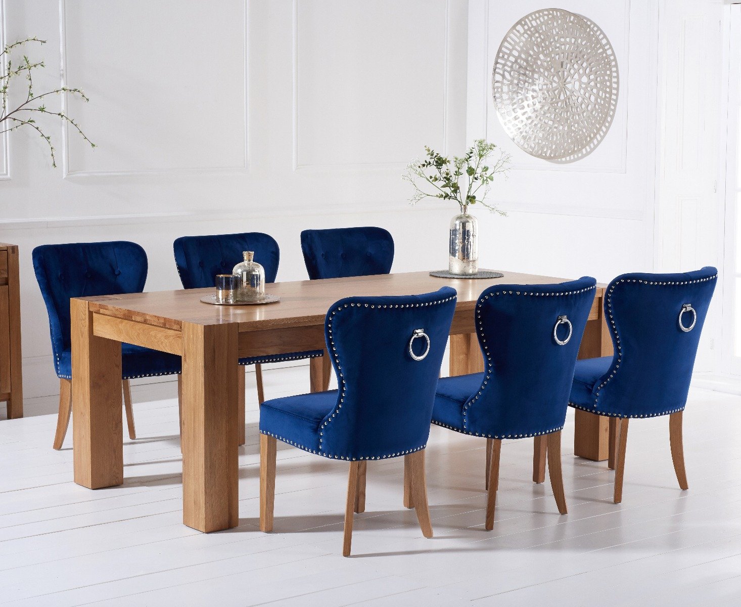 Thames 220cm Oak Dining Table With 6 Grey Keswick Velvet Chairs