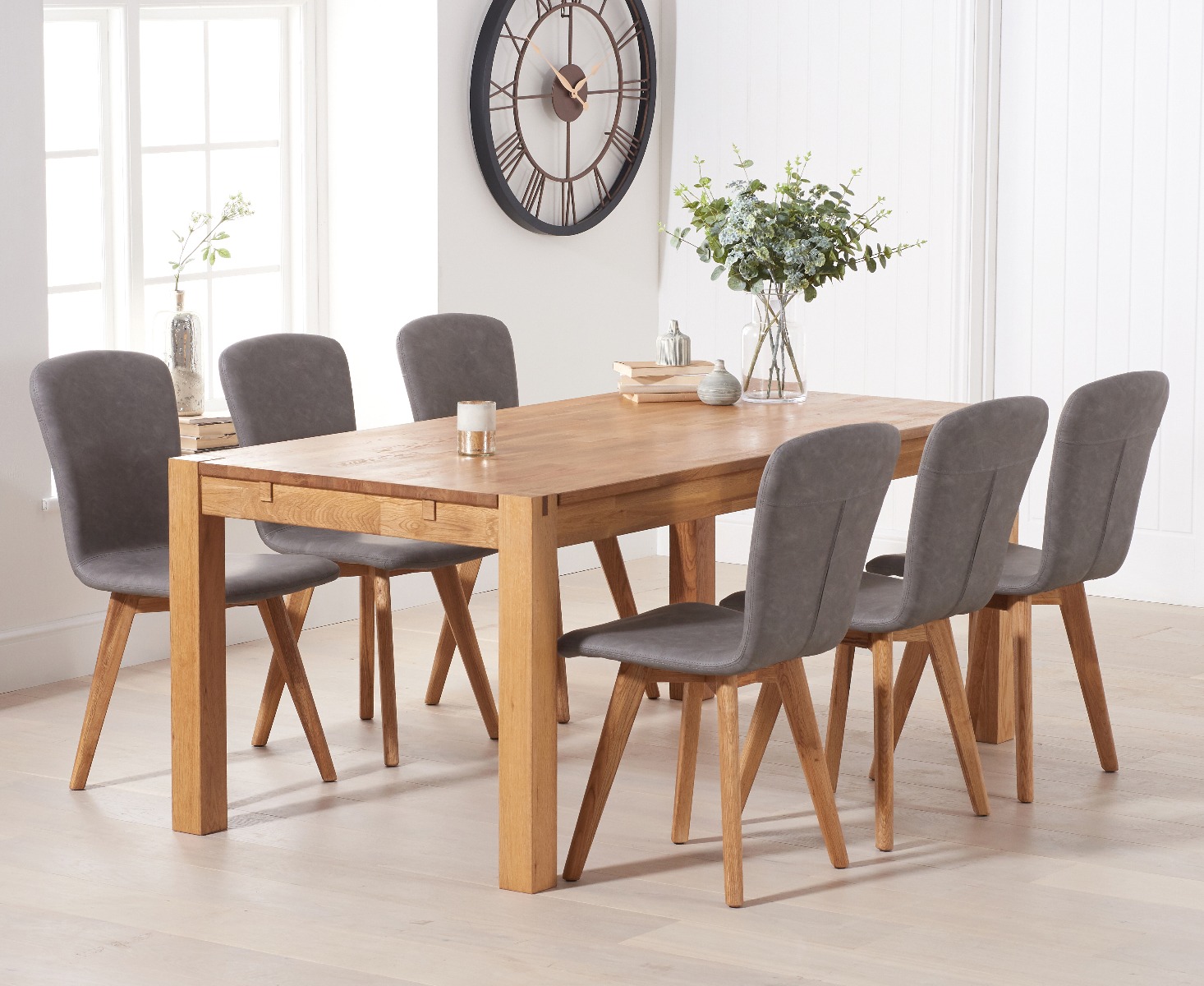 Product photograph of Verona 150cm Oak Table With 4 Grey Ruben Faux Leather Chairs from Oak Furniture Superstore