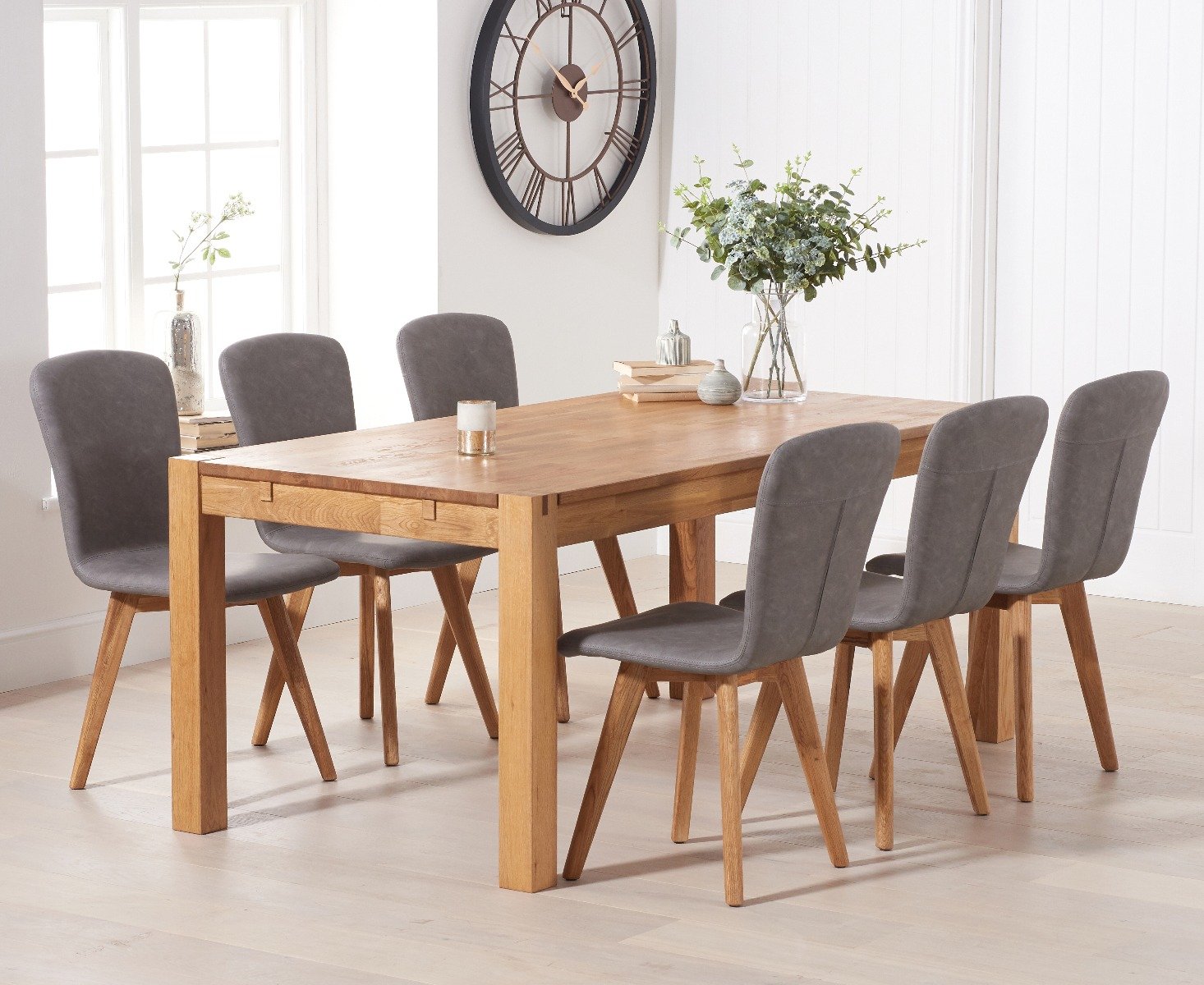 Product photograph of Verona 150cm Oak Table With 4 Grey Ruben Faux Leather Chairs from Oak Furniture Superstore