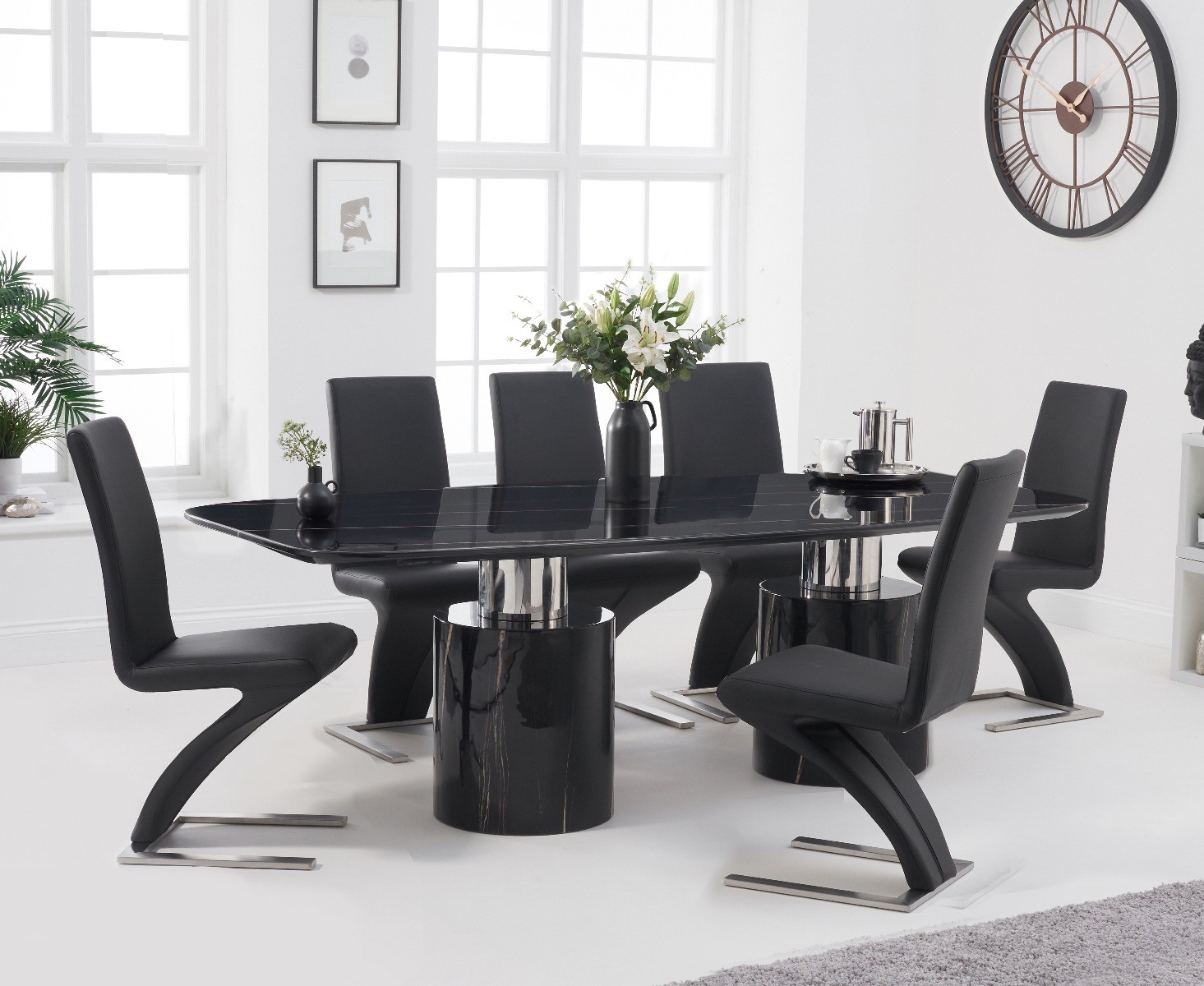 Product photograph of Antonio 180cm Black Marble Dining Table With 6 Grey Hampstead Z Chairs from Oak Furniture Superstore