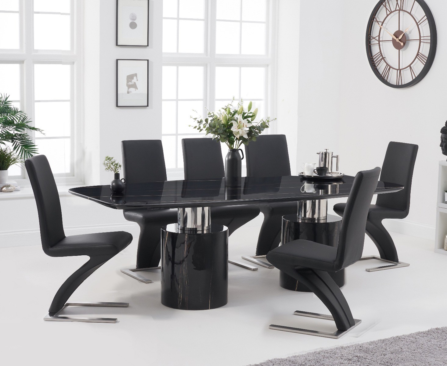 Antonio 180cm Black Marble Dining Table With 4 Grey Hampstead Z Chairs