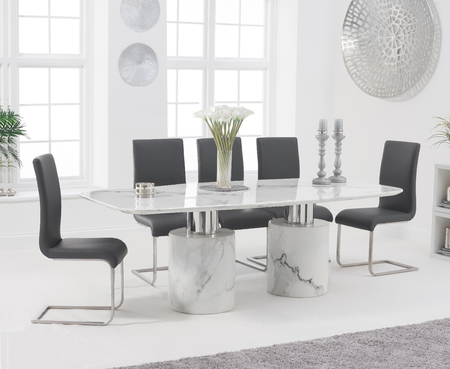 Product photograph of Antonio 180cm White Marble Table With 6 Black Austin Chairs from Oak Furniture Superstore