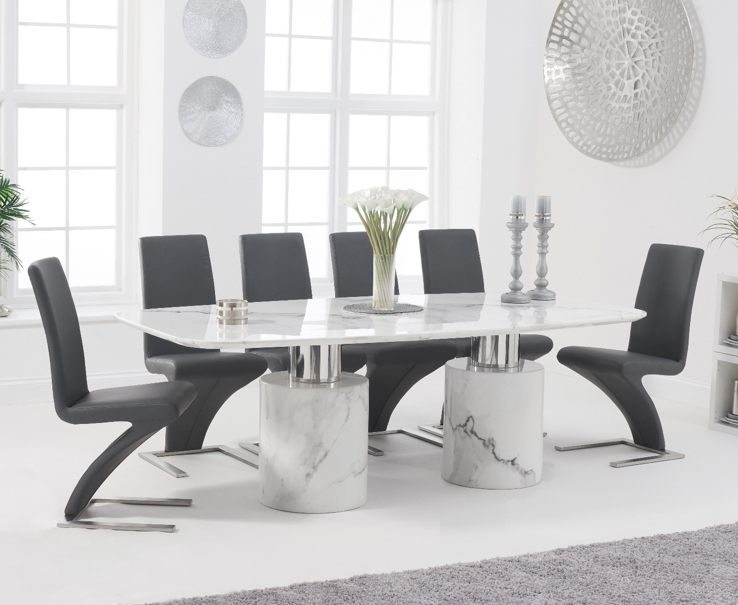 Antonio 220cm White Marble Dining Table With 6 Grey Hampstead Z Chairs