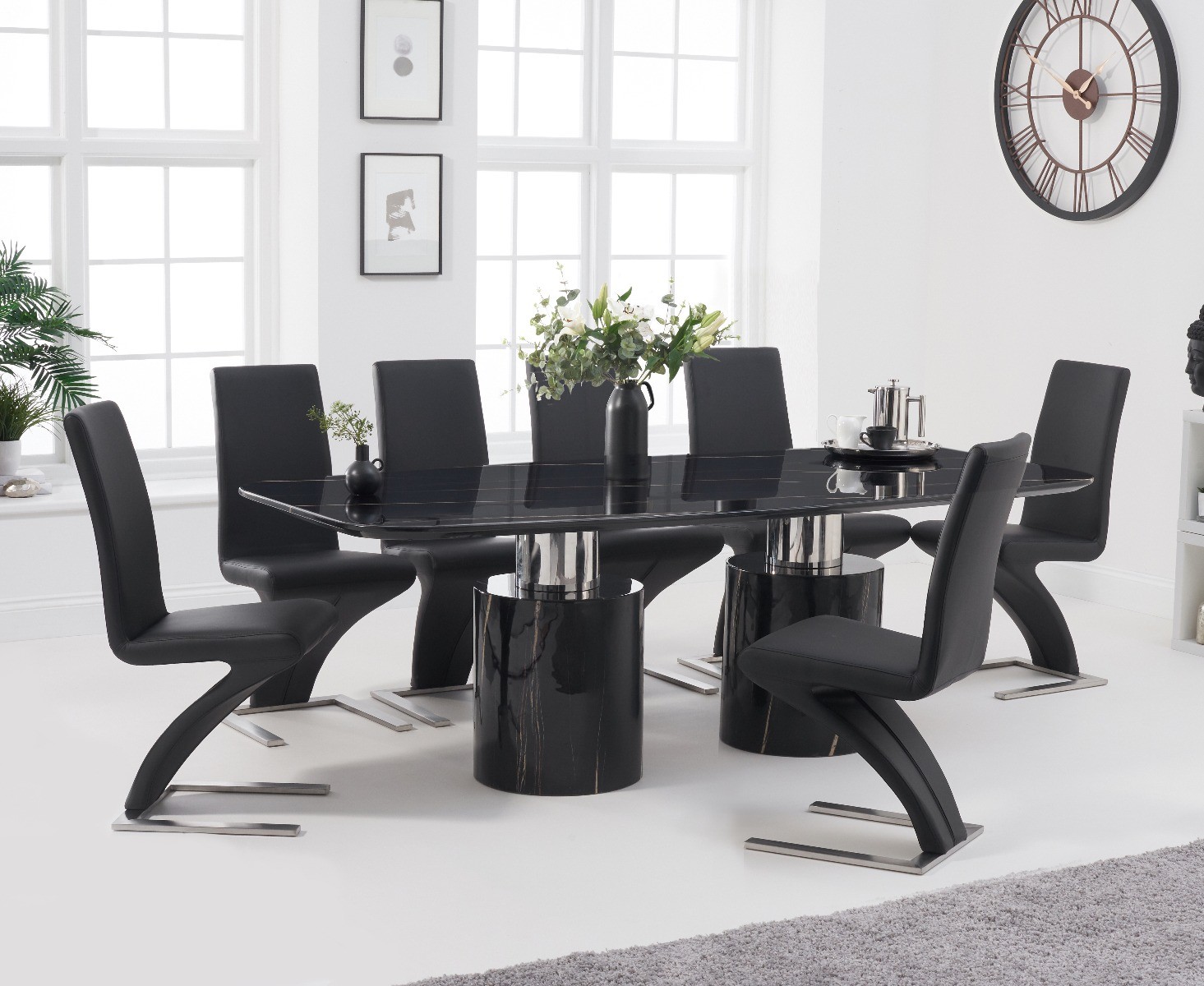 Product photograph of Antonio 220cm Black Marble Dining Table With 6 Grey Hampstead Z Chairs from Oak Furniture Superstore