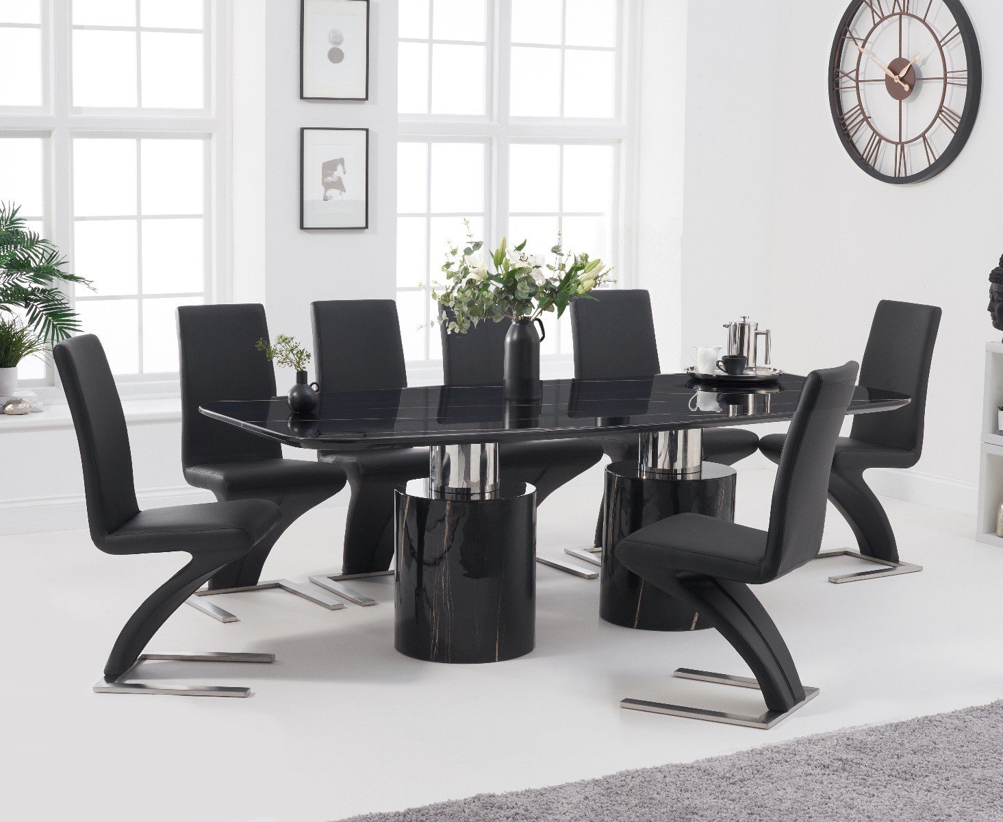 Antonio 220cm Black Marble Dining Table With 6 Grey Hampstead Z Chairs