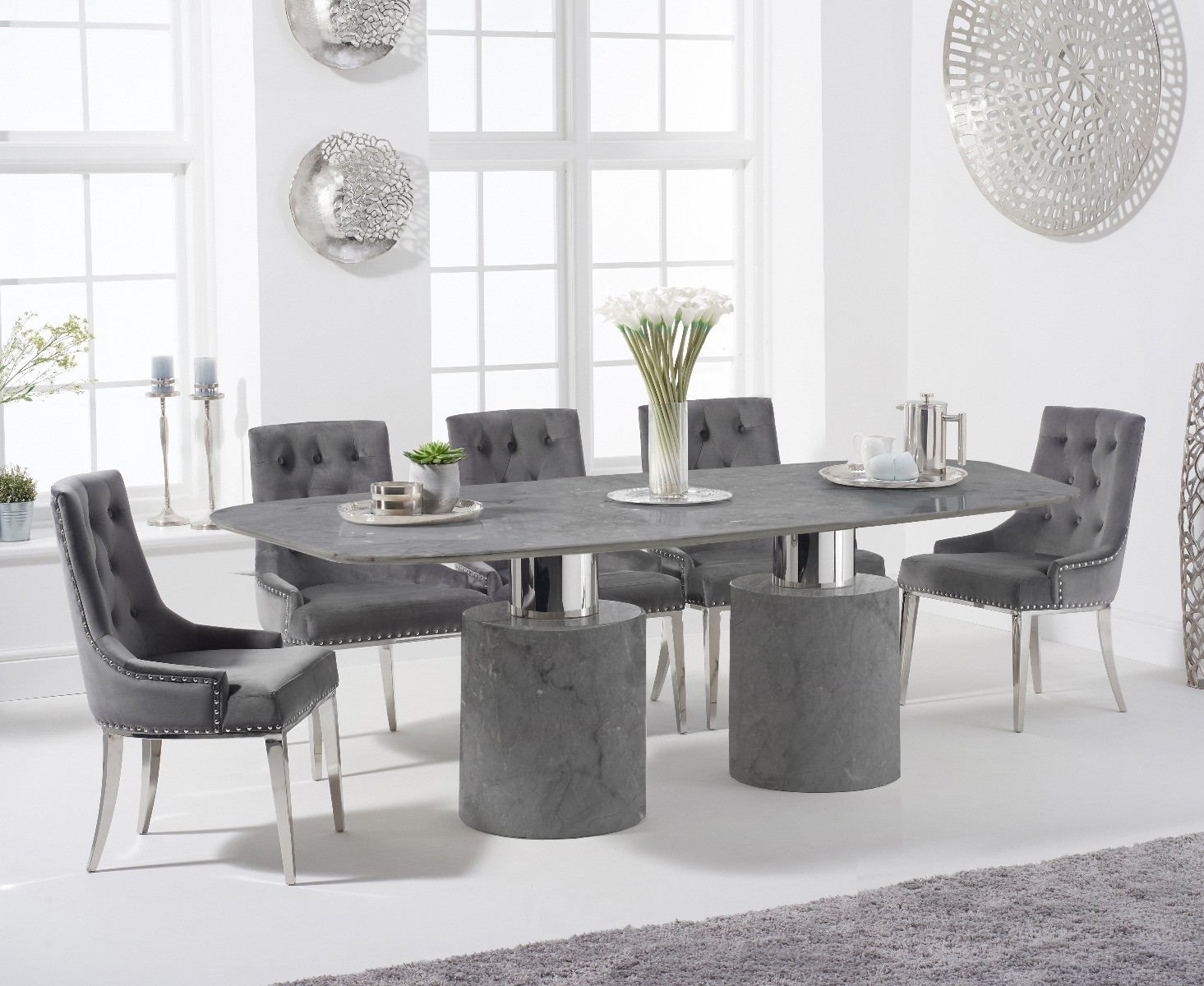 Product photograph of Antonio 220cm Grey Marble Table With 6 Grey Sienna Velvet Chairs from Oak Furniture Superstore