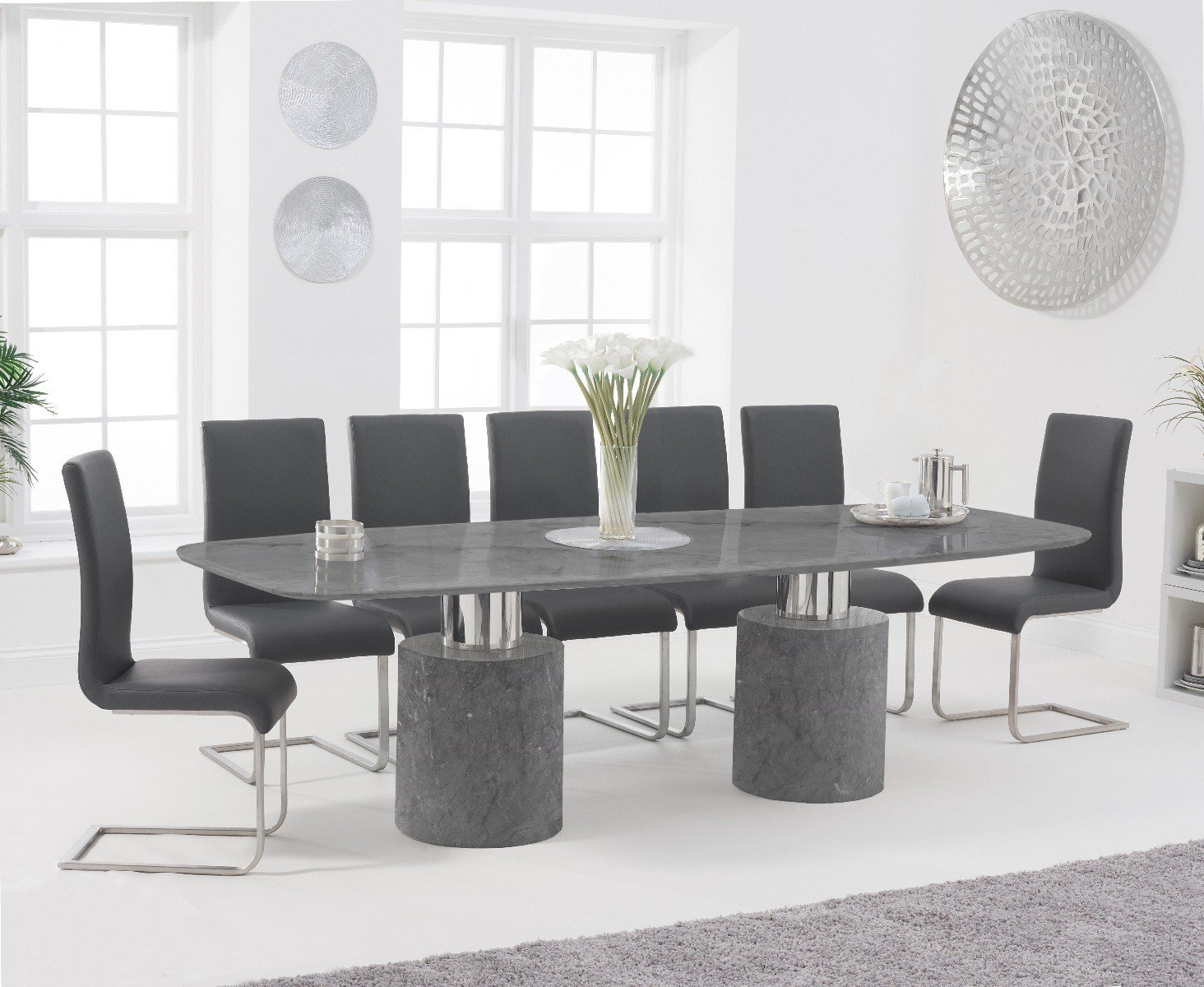 Antonio 260cm Grey Marble Dining Table With 10 Black Malaga Chairs